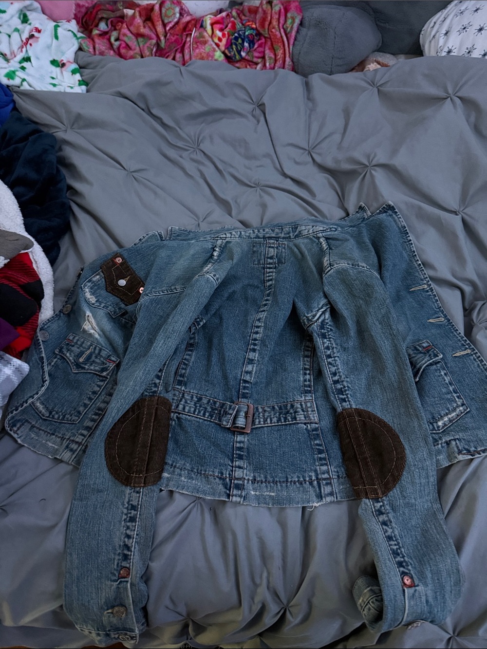 True Religion Distressed Blue Denim Jacket with Brown Patch